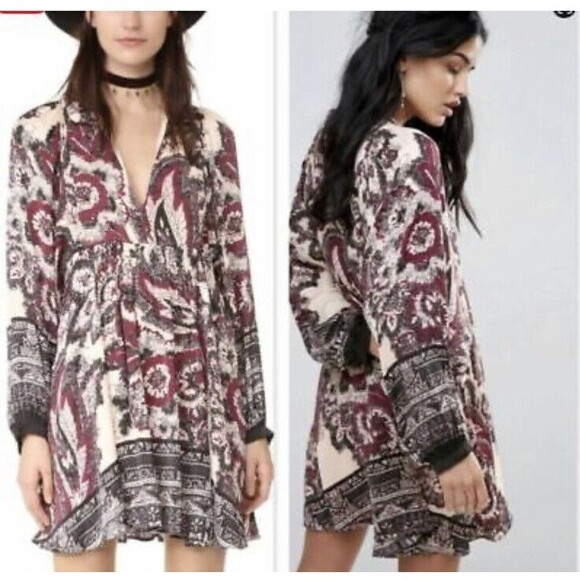 Free People Long Puff Sleeve Minidress Say You Love Me Size M Boho Dress - Picture 1 of 5